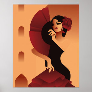 Póster Dama española con ventilador y rosa en el pelo