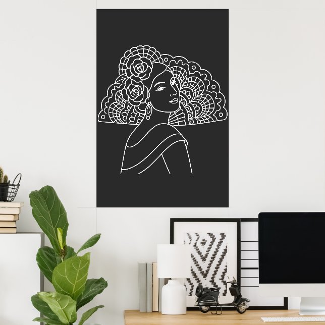 Póster Dama española de flamenco con abanico Dibujo de ar (Oficina en casa)