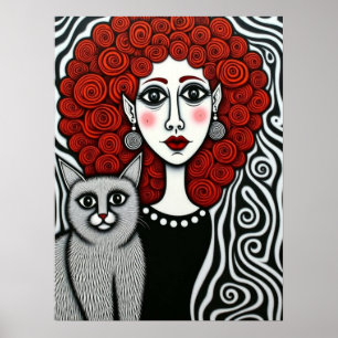 Póster Dama gótica y gato pelo espiral rojo negro blanco