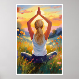 Póster Dama haciendo Yoga en un campo al atardecer Poster