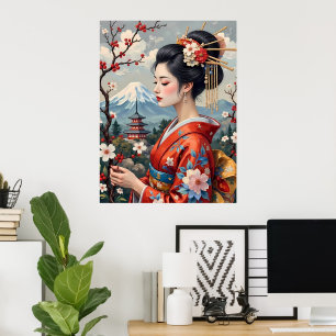 Póster Dama japonesa con el Monte Fuji