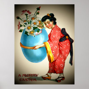 Póster Dama Japonesa Vintage, Florero de Huevo con Flores