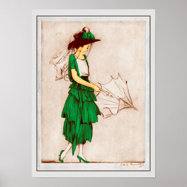 Póster Dama retro 1920 con vestido verde (Frente)