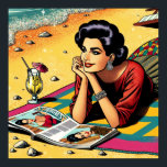 Póster Dama Retro en Beach Daydreaming sobre la moda<br><div class="desc">Mujer de arte pop retro con un vestido de mediados de siglo al estilo de los años 50 tomando un cóctel y soñando con la moda leyendo una revista en la playa.</div>