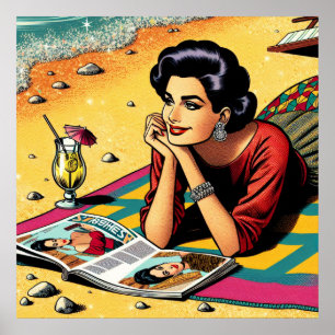 Póster Dama Retro en la Playa Soñando con Moda