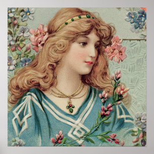 Póster Dama victoriana con flores rosas en el pelo