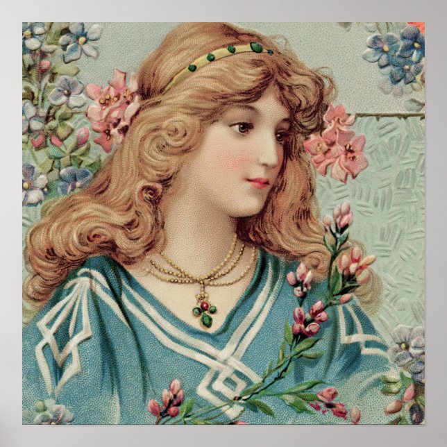 Póster Dama victoriana con flores rosas en el pelo (Frente)