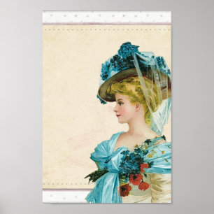 Póster Dama Victoriana Vintage Con Ropa Floral Azul