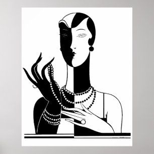 Póster Dama Vintage Art Deco con Perlas Negro Transp