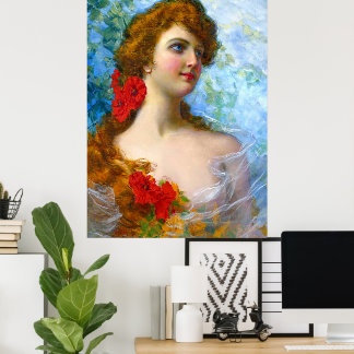 Póster Dama Vintage Con Flores Rojas Y Naranjas