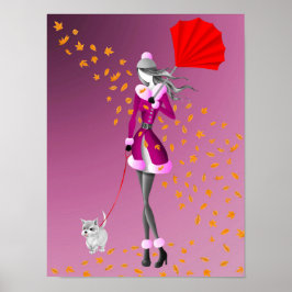 Póster Dama y perro de invierno en otoño