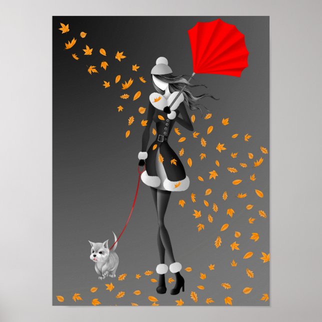 Póster Dama y perro de invierno en otoño (Frente)