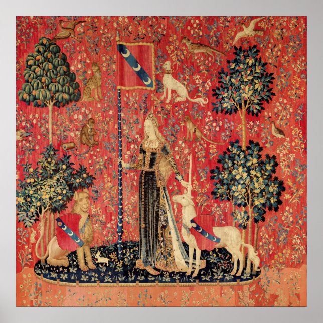 Póster DAMA Y UNICORNIO León, Flores de fantasía, Animale (Frente)