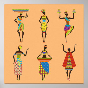 Póster Damas africanas tribales con ropa tradicional colo