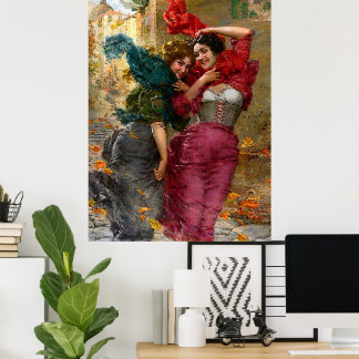 Póster Damas antiguas en rojo azul verde