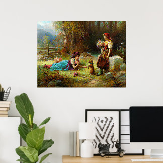 Póster Damas antiguas y un perro marrón en el bosque