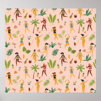 Póster Damas bailarinas, patrón de hojas de palma.