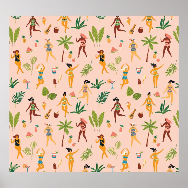 Póster Damas bailarinas, patrón de hojas de palma. (Frente)