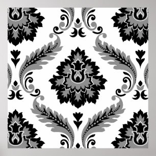 Póster Damascado Rococó Patrón Grande Gris Negro Blanco