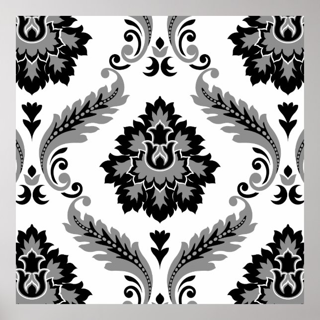 Póster Damascado Rococó Patrón Grande Gris Negro Blanco (Frente)