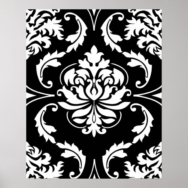 Póster Damasco de diamantes en blanco sobre negro (Frente)