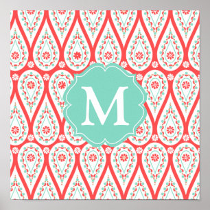 Póster Damasco elegante moderno Paisley coralina