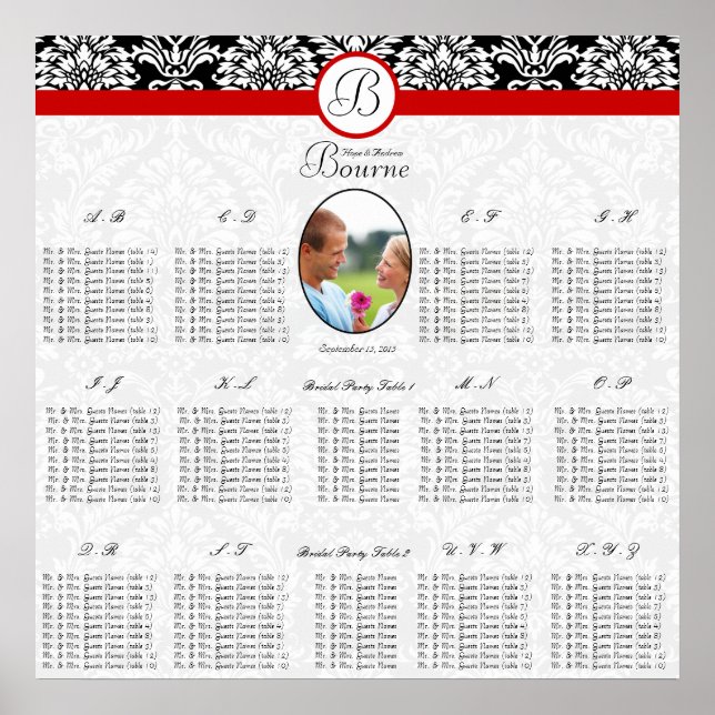 Póster Damasco floral blanco y negroFoto de trineo rojo (Frente)