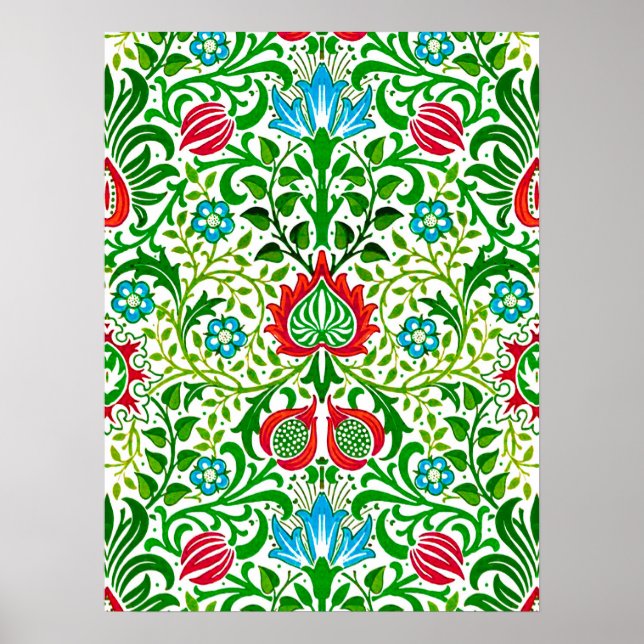 Póster Damasco floral jacobeo, rojo verde y coral (Frente)