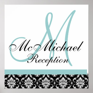 Póster Damask Blue Monogram Wedding Recepcion