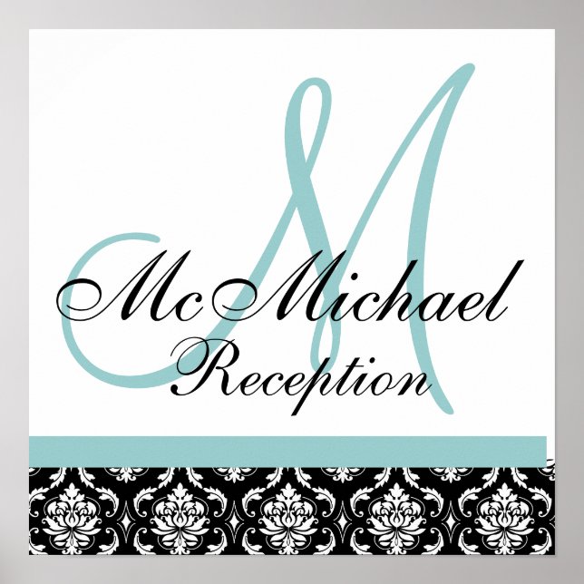 Póster Damask Blue Monogram Wedding Recepcion (Frente)