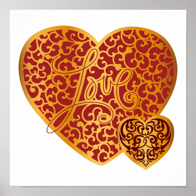 Póster Damask Golden Love Red Heart (Frente)