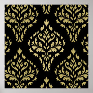 Póster Damask Leafy Patrón barroco negro y dorado