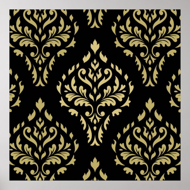 Póster Damask Leafy Patrón barroco negro y dorado (Frente)