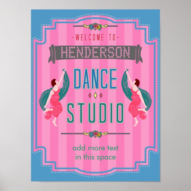 Póster Dance Studio Personalized Name Pink Stripes Retro (Frente)
