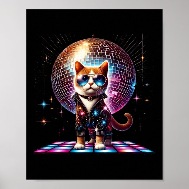 Póster Dancing Cat Disco Ball Kitten Kitty Lover Funny Pa (Frente)