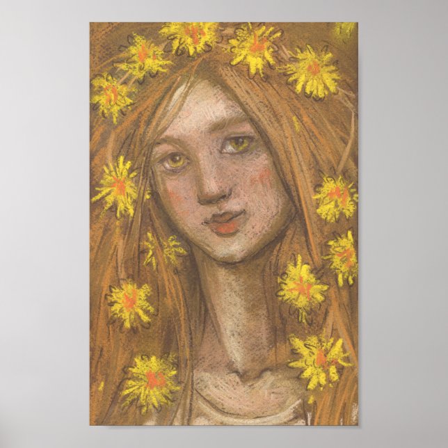 Póster Dandelions Bloom, Blonde Girl and Flowers Painting (Frente)