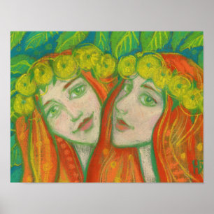 Póster Dandelions, pintura pastel, chicas de pelo rojo