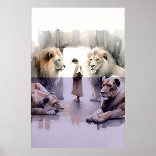 Póster Daniel En El Foso De Los Leones Acuarela Versículo