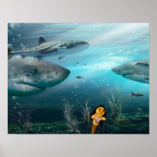 Póster Danni la sirena y su Poster de amigos tiburones