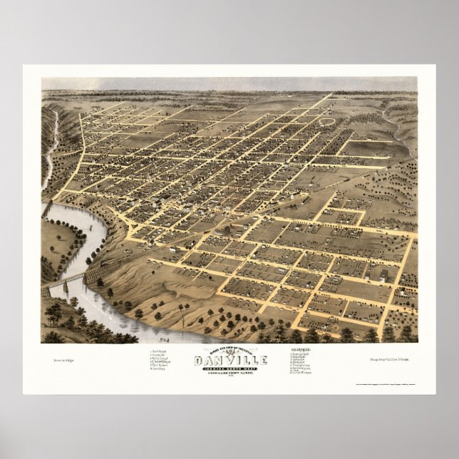 Póster Danville, Mapa Panorámico de IL - 1869 (Frente)
