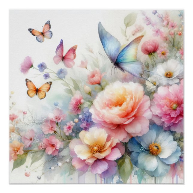 Póster Danza de flores y mariposas en acuarela (Anverso)