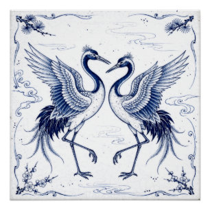 Póster Danza de grullas Estilo Imari japonés azul y blanc