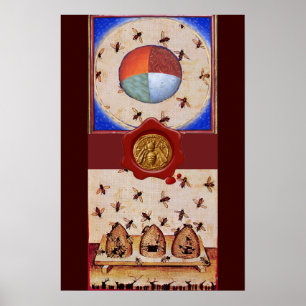 PÓSTER DANZA DE LAS ABEJAS DE MIEL, 4 ELEMENTOS, SELLO DE
