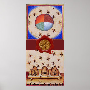 PÓSTER DANZA DE LAS ABEJAS DE MIEL, 4 ELEMENTOS, SELLO DE