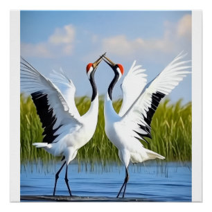 Póster Danza elegante de grullas coronadas de rojo