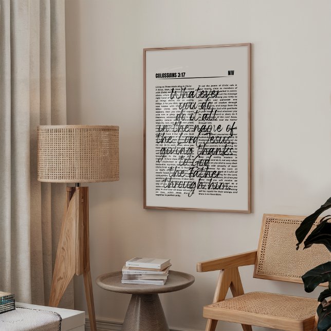 Póster Dar gracias a Colossian 3:17 Imprimir (Minimalist Christian wall art featuring Psalm Colossians 3:17 in elegant black bold typography.)