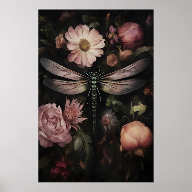 Póster Dark Academia Dragonfly Print, Moody Floral Garden (Frente)