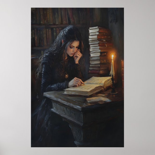Póster Dark Academia Girl Reading Art Gothic Library Cand (Frente)