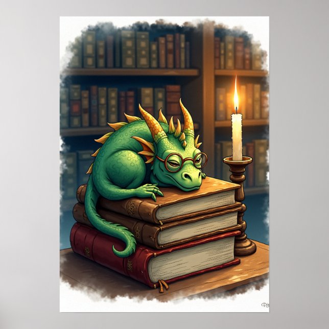 Póster Dark Academia Reading Dragon Sticker Bookworm Slee (Frente)