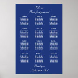 Póster Dark Blue 12 Table Wedding Seating Chart Poster